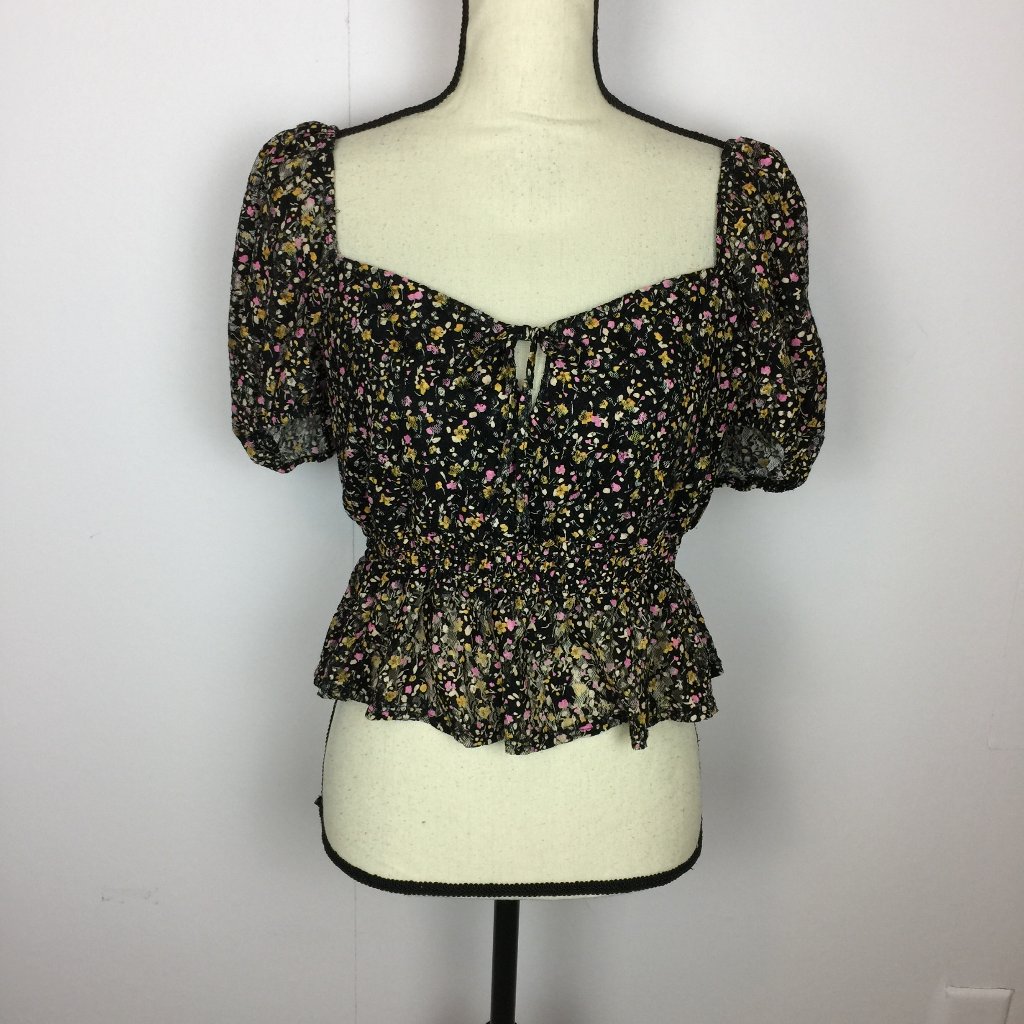 Topshop Peplum Cropped Top Size 10 Womans Black Floral Short Sleeve Stretch